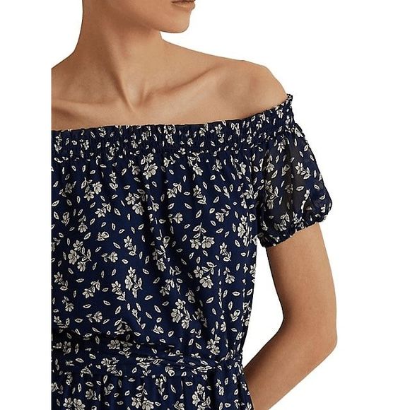 Lauren Ralph Lauren Floral Crinkled Georgette Dress - Blue Cream 16 - Picture 6 of 9